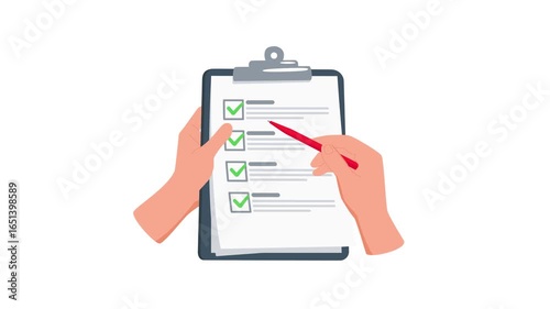 Hands completing checklist on clipboard, white and green screen