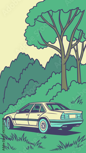 Vintage sedan parked in a grassy area with trees and bushes
