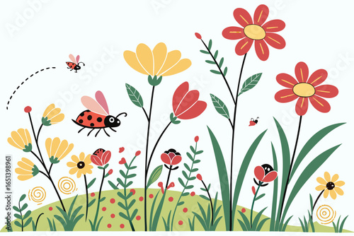 Whimsical ladybugs and colorful flowers in a garden scene