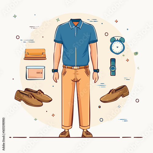 2D flat vector illustration of a men's smart casual outfit of the day with a polo shirt, chinos, loafers, and accessories on a clean background.