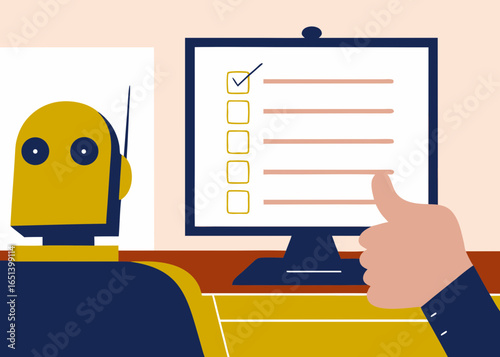 Yellow and blue robot reviewing a digital checklist