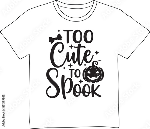 Halloween t shirt design with too cute to spook text and pumpkin isolated on white background