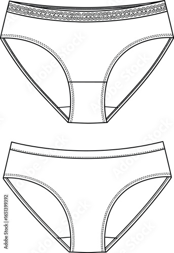 Women’s underwear, panties flat sketch, fashion vector, lingerie template, seamless brief design, clothing illustration, apparel outline, female undergarment, bikini panty drawing, intimate wear 