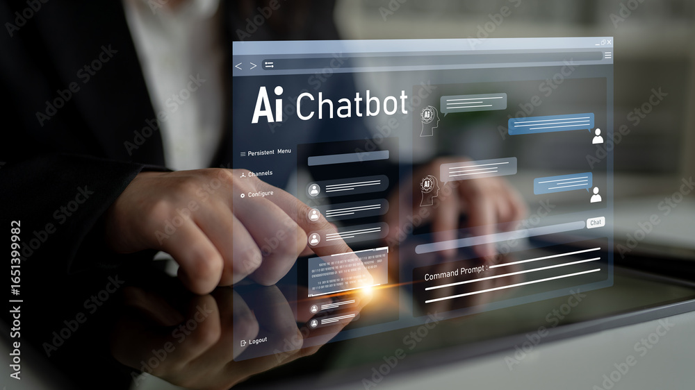 Fototapeta premium AI chatbot using prompt engineering and LLM deep learning delivers explainable generative AI for smarter, more efficient business support. Latch