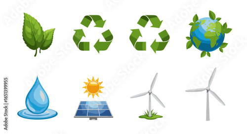 Eco Friendly Sustainable Energy Icons Representing Green Living Conservation Renewable Power Solutions isolated on transparent background