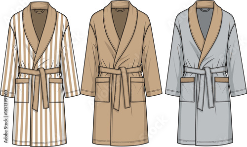 Men’s bathrobe, striped robe, beige robe, grey robe, loungewear, nightwear, homewear, soft fabric robe, belt tied robe, fashion illustration, vector clothing design