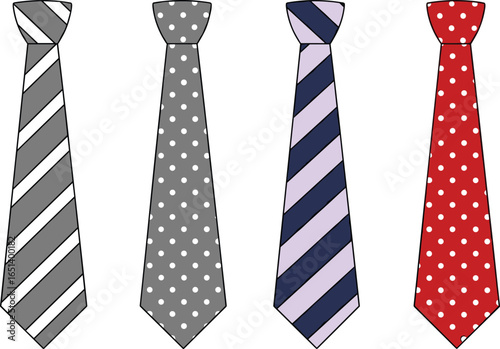 Necktie vector illustration, striped tie design, polka dot tie, men’s fashion accessory, stylish formal wear, clothing detail sketch, business attire, elegant gentleman style, modern tie