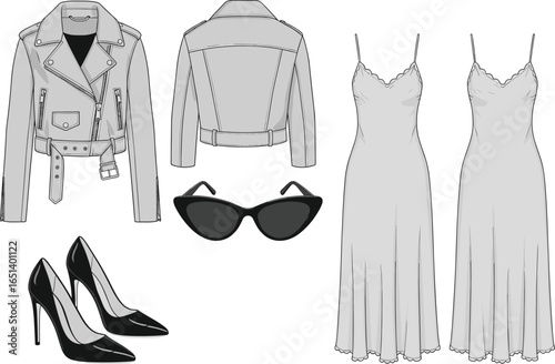 Women’s fashion outfit flat sketch, leather jacket, slip dress, high heels, sunglasses, stylish apparel template, trendy clothing illustration, fashionable garment design, modern outfit