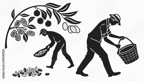 Black and White Illustration of Harvesters Gathering Olives and Chestnuts from Trees with Baskets and Bowls
