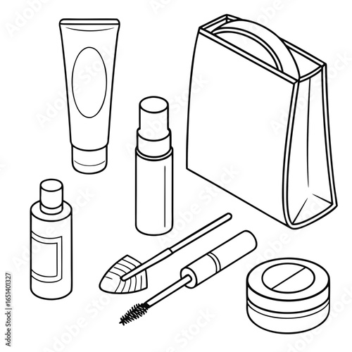 Beauty products vector illustration makeup cosmetic bag skincare mascara brush and container outline design