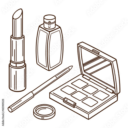 Outline drawing of makeup set including lipstick eyeshadow palette brush and bottle for beauty blog post