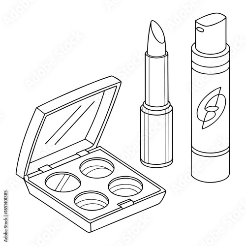 Isometric makeup set illustration featuring eyeshadow palette lipstick and perfume bottle for beauty products