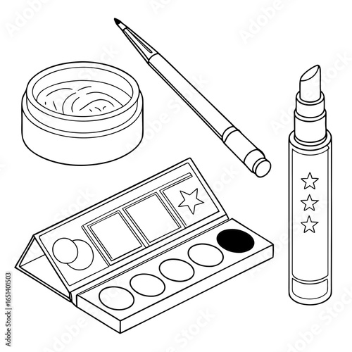 Download makeup kit coloring page: eyeshadow palette, brush, concealer, and lipstick outline vector image