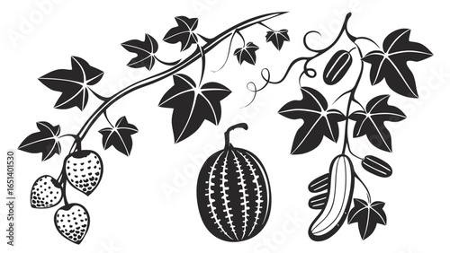 Monochrome Vector Illustration of Hanging Strawberries Watermelon and Cucumbers with Leaves and Vines on a White Background