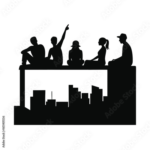 Friends Sitting on Rooftop Ledge with Skyline Silhouette