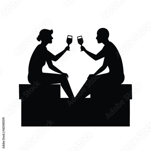 Friends Toasting Wine on Rooftop Ledge Silhouette