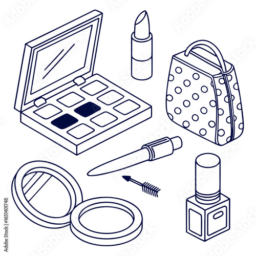 Isometric makeup beauty products illustration: eyeshadow palette, lipstick, bag, nail polish, compact mirror