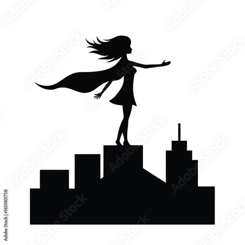 Girl Posing at Rooftop Edge with Skyline Silhouette