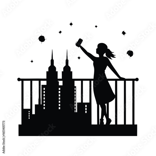 Girl Taking Selfie on Rooftop Railing Skyline Silhouette