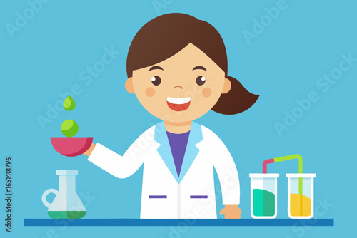 Girl in white lab coat doing “experiment” with colorful cups of water, smiling.