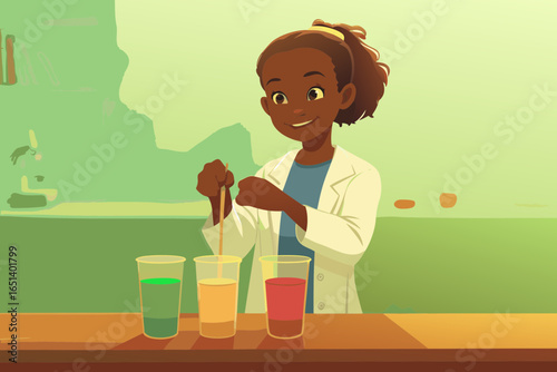 Girl in white lab coat doing “experiment” with colorful cups of water, smiling