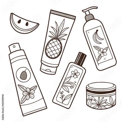 Outline skincare products illustration featuring lotion bottle cream jar and tubes for beauty and personal care