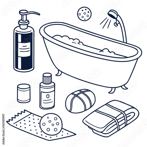 Bathroom relaxation spa day with bathtub shower soap towel and bath bomb doodle style vector illustration
