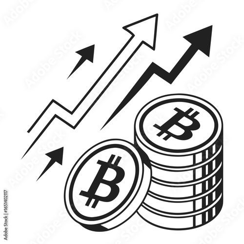 Bitcoin cryptocurrency price increase chart with arrow up and stack of coins for investment growth idea