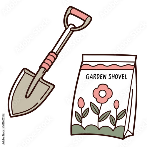 Garden shovel and seed packet illustration for gardening tools and supplies for planting flowers and vegetables