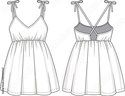 Women’s mini dress flat sketch, strappy sundress design, sleeveless summer outfit, fashion technical drawing, cute casual dress template, stylish garment illustration, clothing design