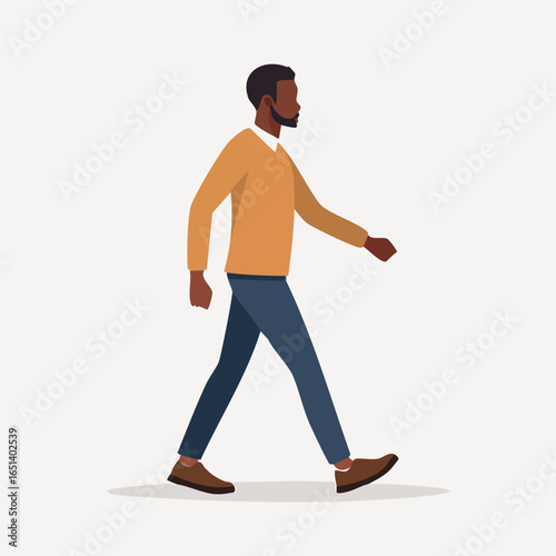 Side view of an African American man walking. Clean minimal style flat vector character illustration isolated on a background.