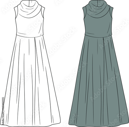Women’s maxi dress flat sketch, sleeveless gown design, fashion technical drawing, elegant eveningwear, draped neckline, long flowy dress, stylish garment  apparel template, clothing fashion design