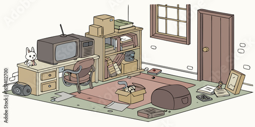 Cluttered quirky room interior with vintage elements, retro style decor