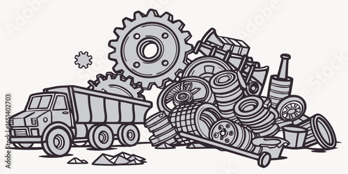 Cartoon dump truck overflowing with junkyard scrap parts and spare tires