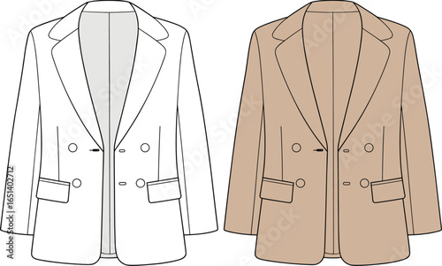 Women’s blazer flat sketch, double breasted jacket, tailored coat design, fashion technical drawing, stylish outerwear, button closure, lapel collar, clothing template, garment  apparel design