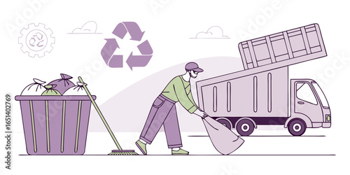 Eco friendly sanitation worker loads trash for recycling and waste cleanup