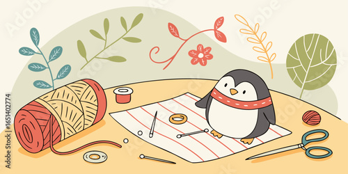 Charming penguin crafting project with yarn, needles and fabric pattern