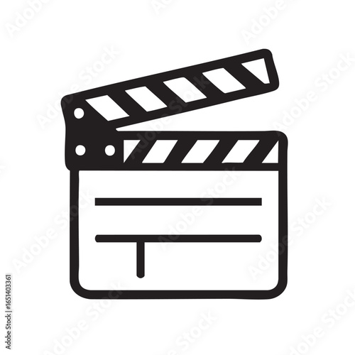 Simple Black and White Clapperboard Icon Representing Filmmaking and Movie Production Isolated on White minimalist