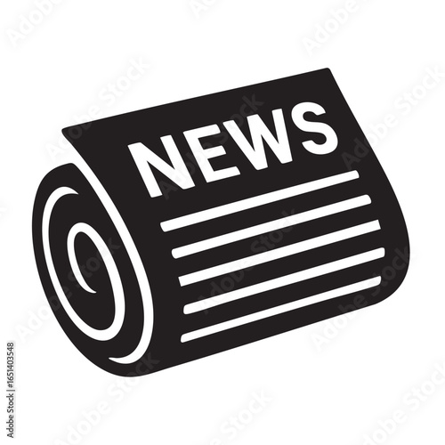 Rolled Newspaper Icon with News Text in White Black Silhouette on White Background black and