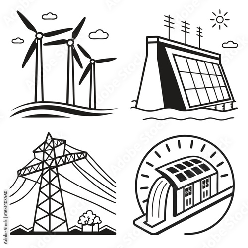 Illustration showcasing various sources of energy in a black and white style