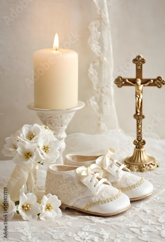 Christening accessories flat lay for baptism invitations and religious greeting cards