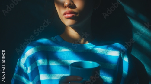 A woman in a blue striped shirt holds a cup, with sunlight streaming through a window, creating a soft, reflective effect.