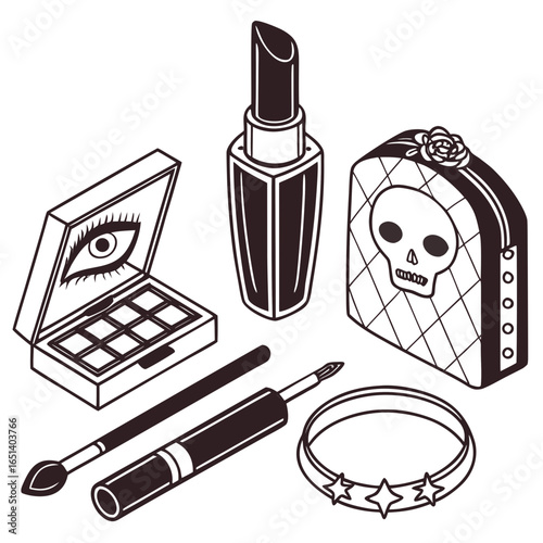 Illustration of makeup set including eyeshadow lipstick and skull purse