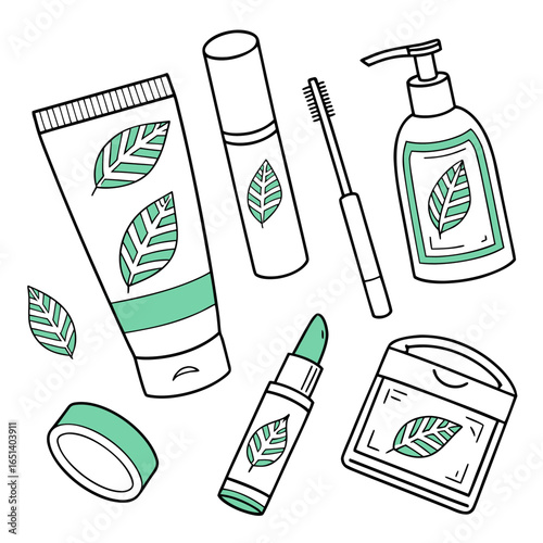Illustration of various cosmetic products with leaf designs in black and mint