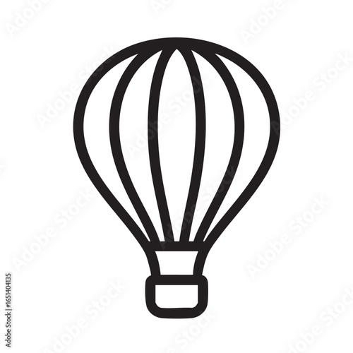 Simple Black and White Hot Air Balloon Icon with Vertical Stripes and Basket Design minimalist