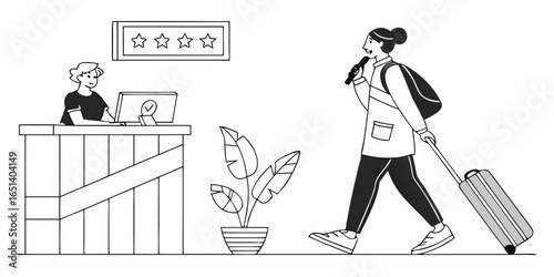 Hotel guest arrives with luggage and friendly staff at the front desk