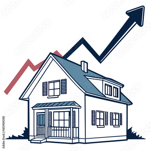 Illustration of a house with a rising arrow and a fluctuating line