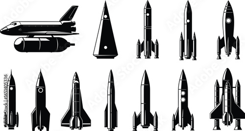 Black and white rocket and spacecraft silhouette set, various launch vehicle designs, space exploration icons, space shuttle vector illustrations, astronomy technology