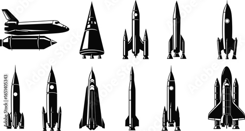 Black and white rocket and spacecraft silhouette set, various space shuttle designs, space exploration vehicle icons, launch technology vector illustrations, astronomy