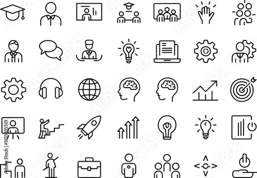 Business and Education Line Icons – Innovation, Growth, Target, Online Learning, Presentation, Strategy, Leadership, Knowledge, Teamwork, Skills